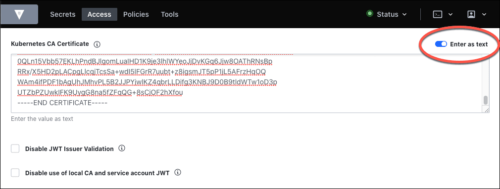 Access - Kubernetes auth config with certificate as text